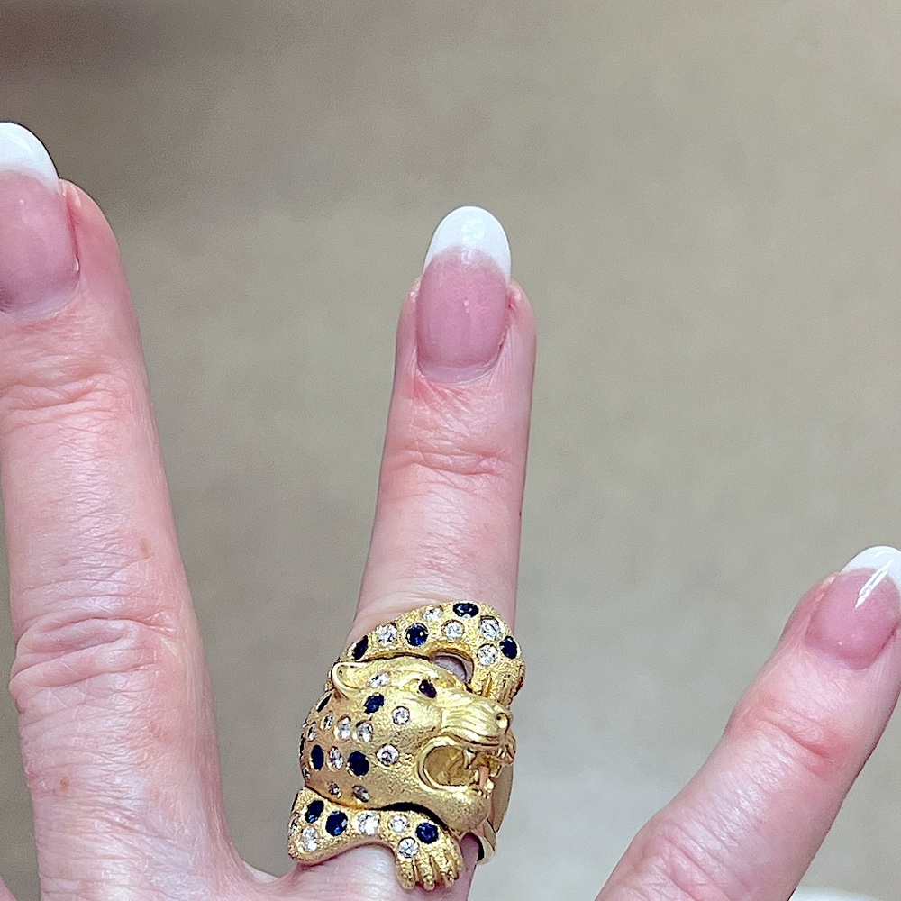 18k Gold Panther Ring with F VS diamonds sapphire and ruby - Picture 11 of 13